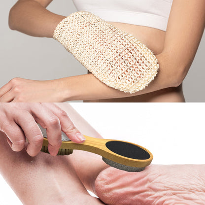 Sisal Hemp Bath Glove, Pack of 2, and 4-in-1 Foot Scrubber Bundle